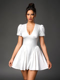 White puff sleeve satin mini dress front view