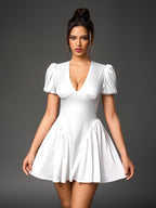 White puff sleeve satin mini dress front view