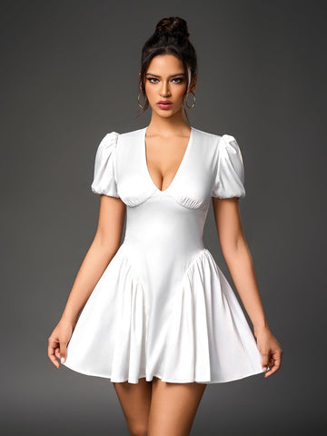 White puff sleeve satin mini dress front view