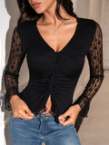 Black button front ruched V-neck crop top with lace sleeves - View 6 | WEUXS