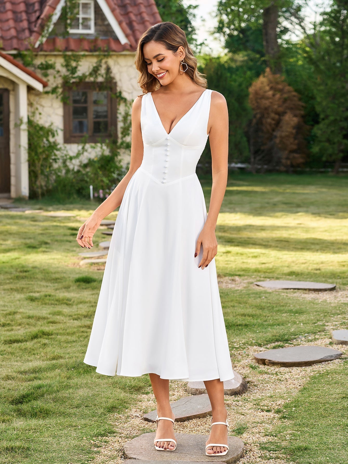 White Maxi V-Neck Button Front Dress - View 6 | WEUXS