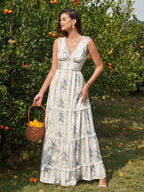 Lace Deep V-Neck Trim Ruched Floral Print Dress#color_bluefloral