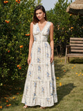 Lace Deep V-Neck Ruched Trim Floral Print Dress#color_bluefloral