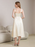 Back view of a beige satin midi dress with zipper closure