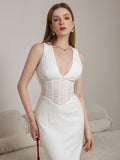 jacquard lace split thigh deep v-neck dress#color_white