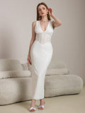 deep v-neck jacquard split thigh lace dresss#color_white