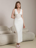 jacquard lace deep v-neck split thigh dress#color_white