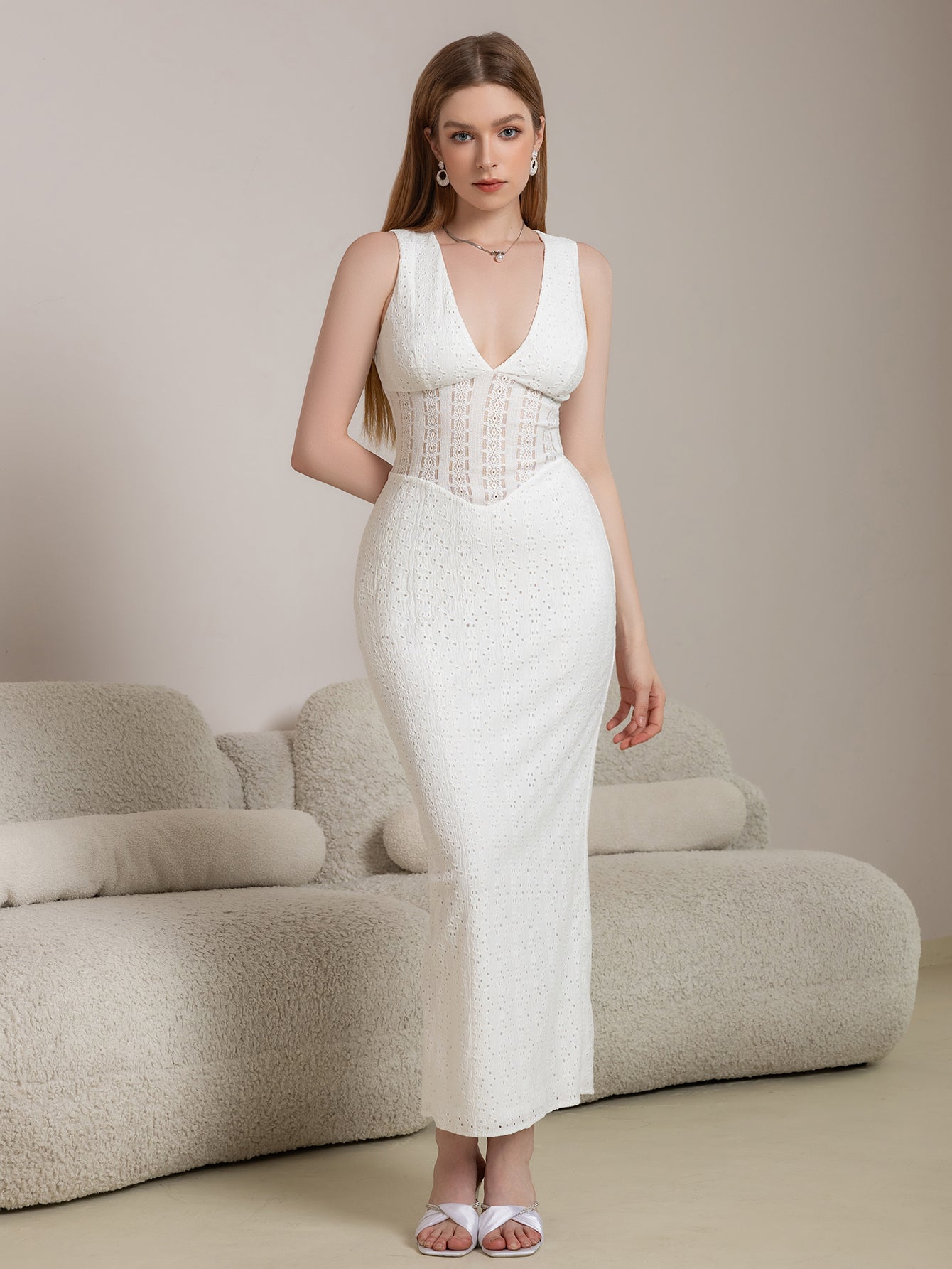jacquard lace deep v-neck split thigh dress#color_white