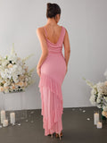 Back view of pink mesh maxi dress with open back detail