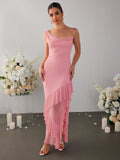 Full length view of pink mesh maxi dress