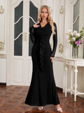 Bodycon Draped Collar Ribbon Trim Mesh Dress#color_black