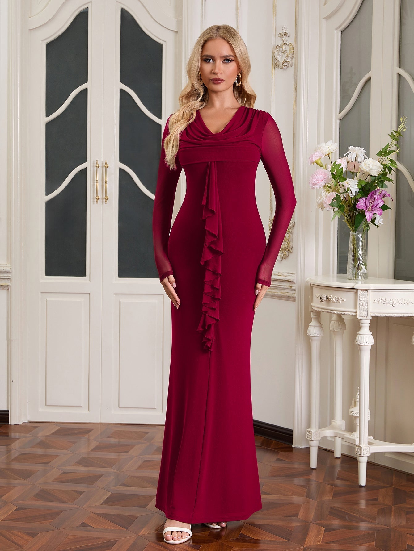 Draped Collar Ribbon Trim Maxi Dress - View 11 | WEUXS