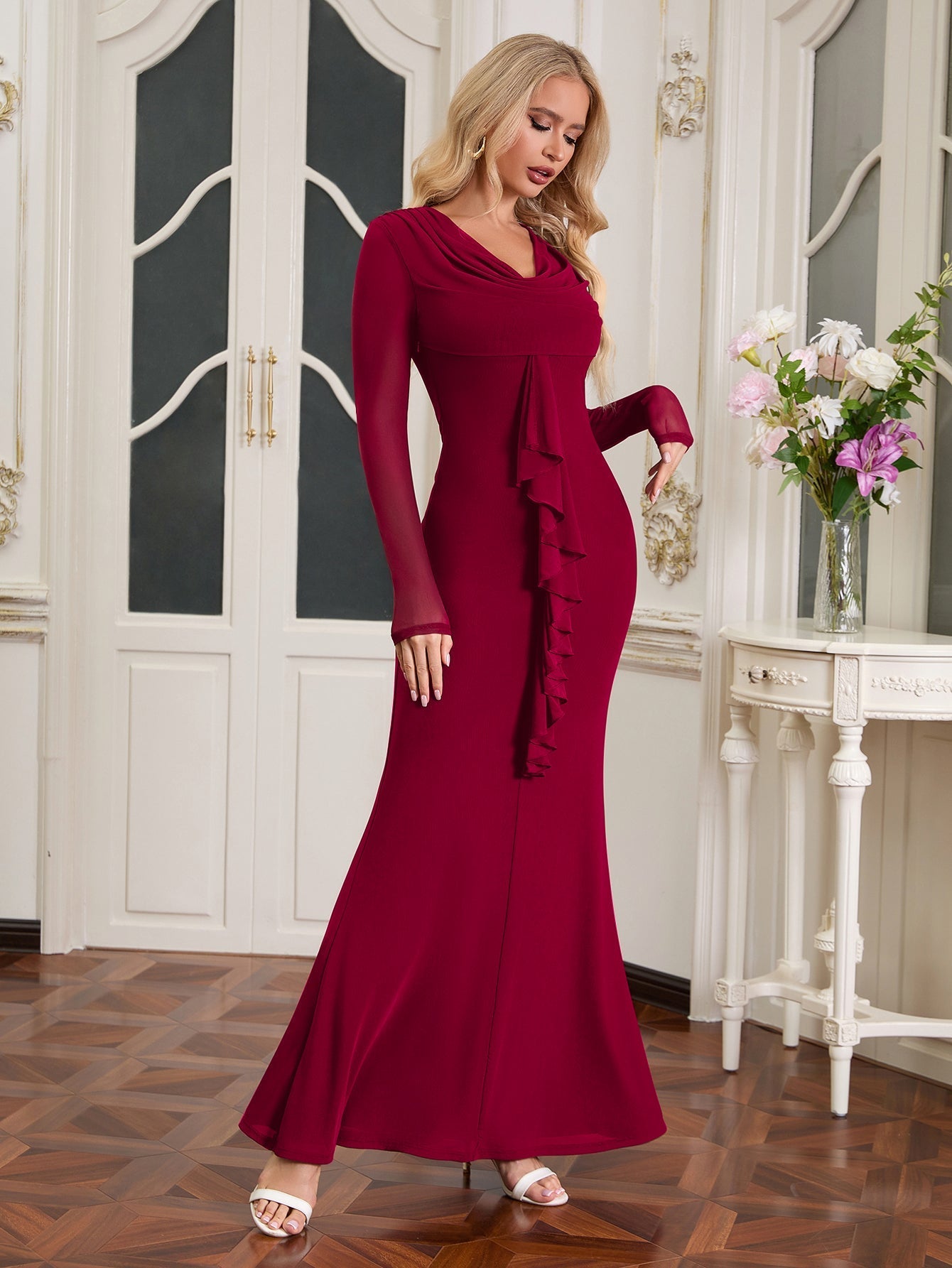 Draped Collar Ribbon Trim Maxi Dress - View 7 | WEUXS