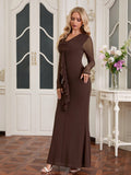Front view of a brown mesh maxi dress with draped neckline