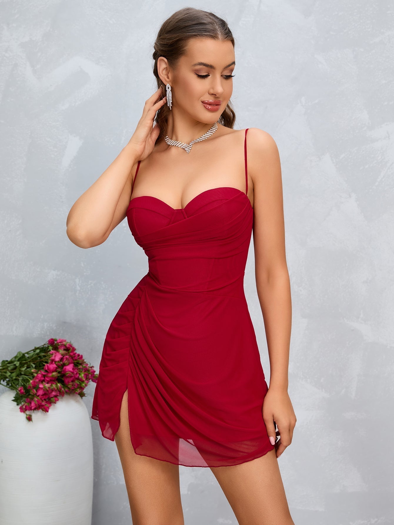 Fitted Mesh Cami Dress with Split Hem - View 9 | WEUXS