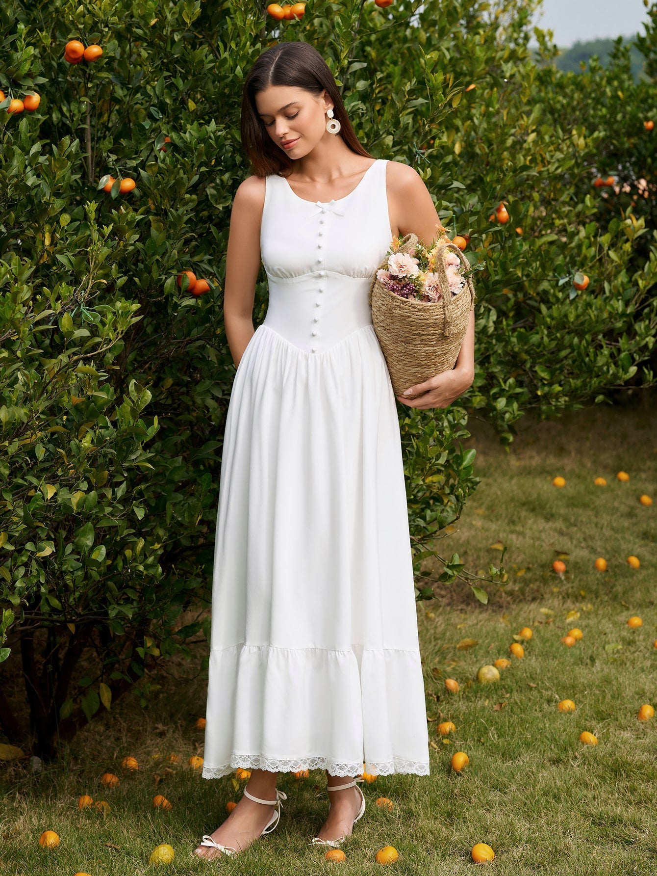 White Embellished Button Crisscross Lace Trim Maxi Dress - View 6 | WEUXS