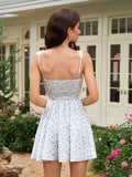 Floral print mini dress with lace trim - View 8 | WEUXS