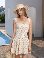 Floral print mini dress with lace trim - View 6 | WEUXS