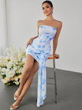 Strapless ruched mesh dress with blue tie-dye pattern - View 6 | WEUXS
