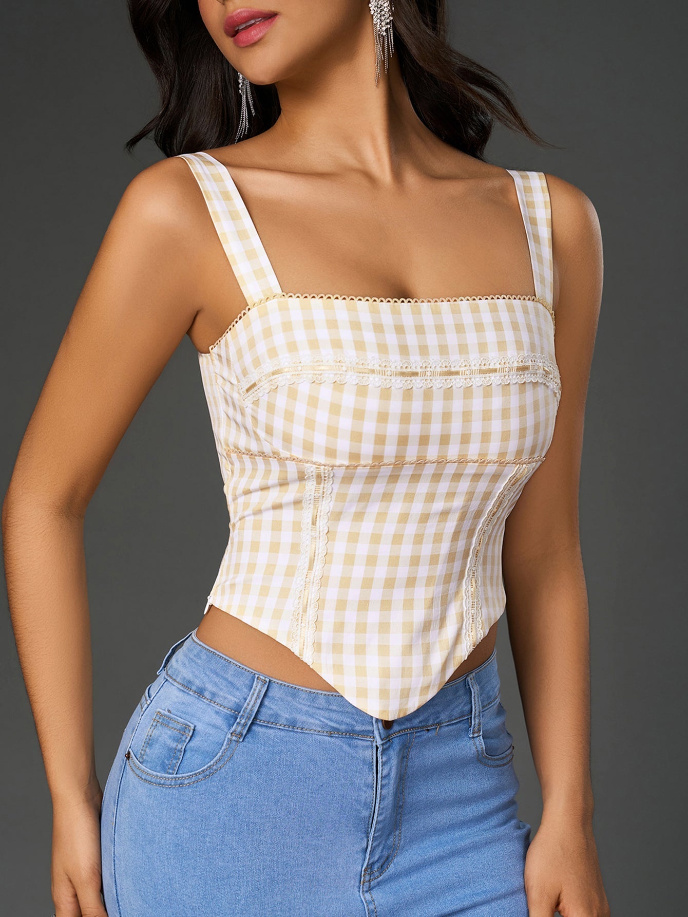 Plaid Print Embellished Crop Top - View 6 | WEUXS