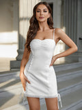 White mini cami dress with ruched bust and lace trim - View 6 | WEUXS