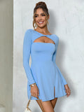 Blue cut out front twist mini dress - View 6 | WEUXS