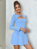 Close up of the cut out neckline on a blue dress