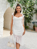 White lace midi dress with embellished short sleeves and asymmetrical hem - View 6 | WEUXS