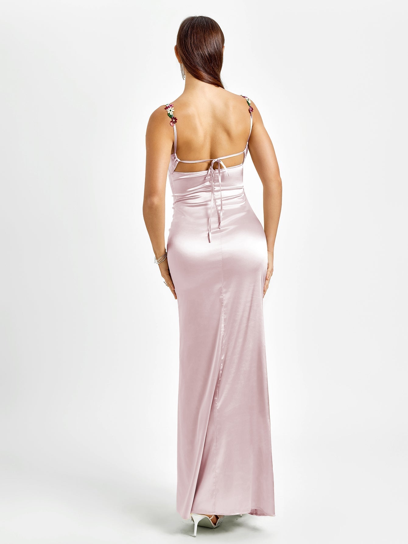 Satin evening gown with embellished straps - View 14 | WEUXS