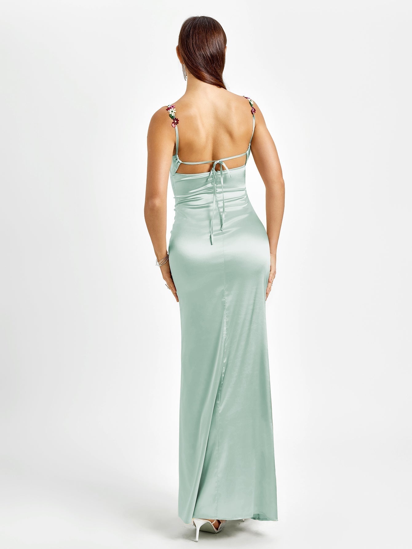 Satin evening gown with embellished straps - View 8 | WEUXS