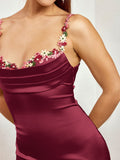 satin tie back embellished strap bodycon dress#color_wine