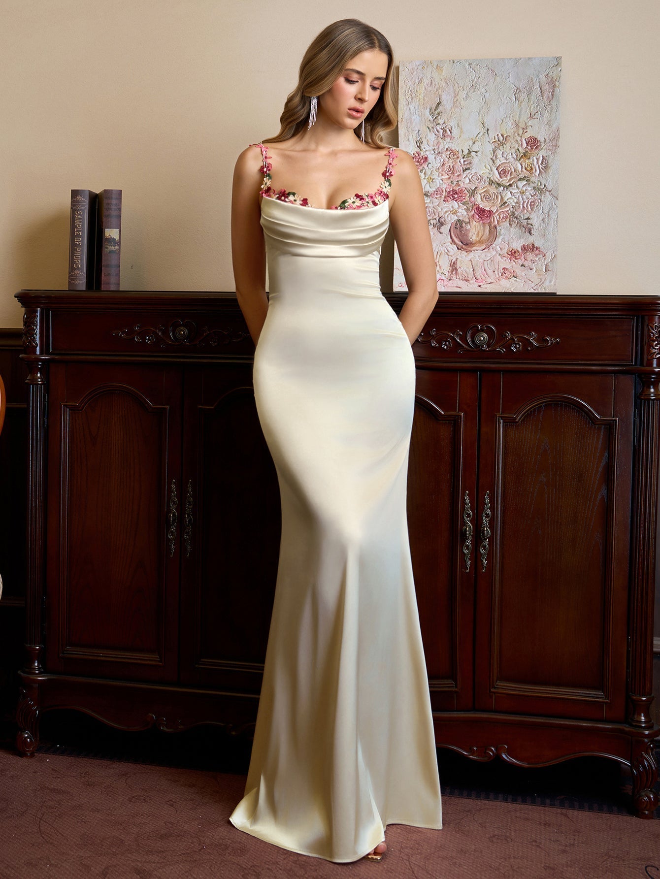 Satin evening gown with embellished straps - View 6 | WEUXS