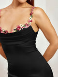 satin tie back embellished strap bodycon dress#color_black