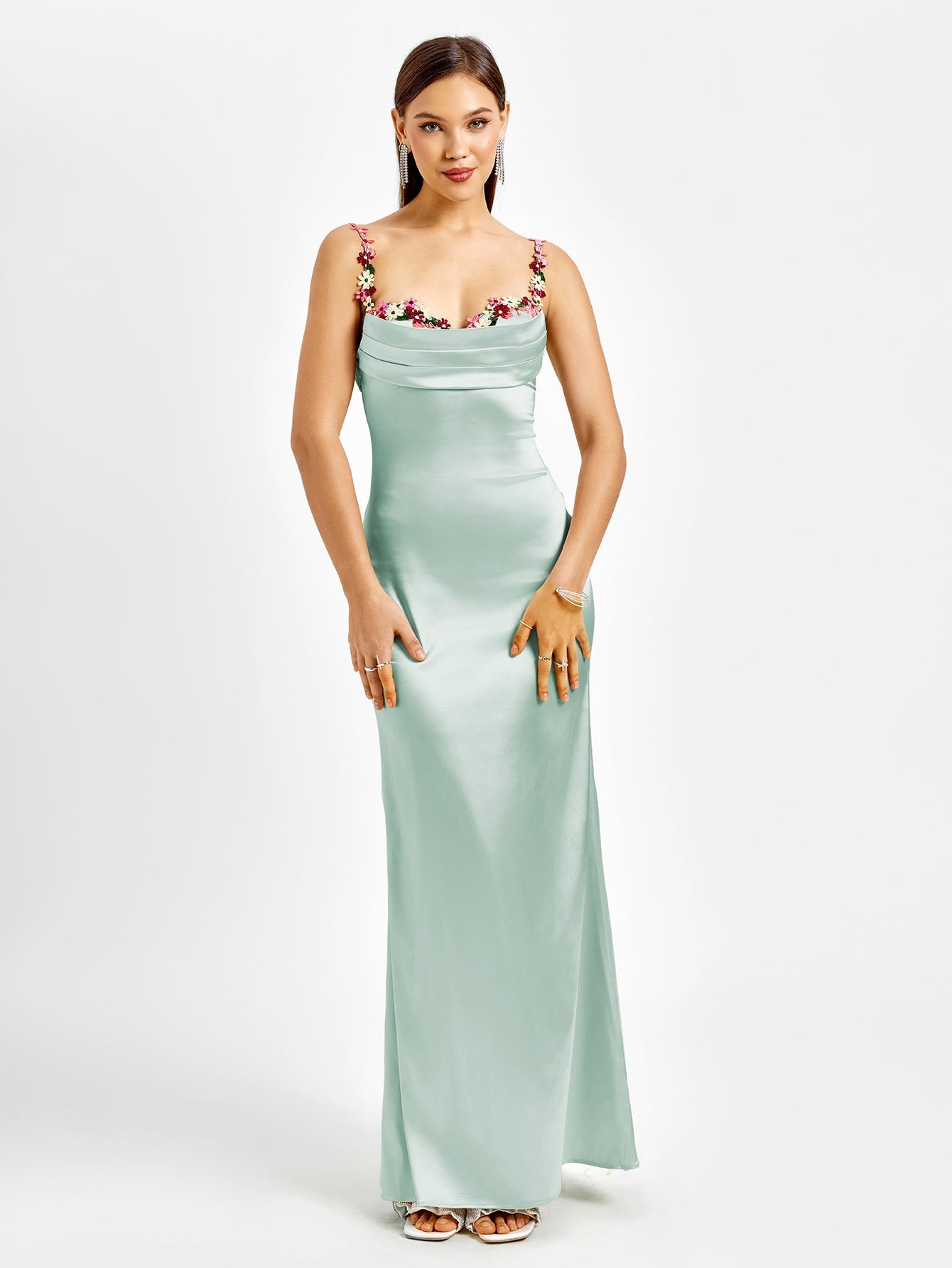 Satin evening gown with embellished straps - View 11 | WEUXS