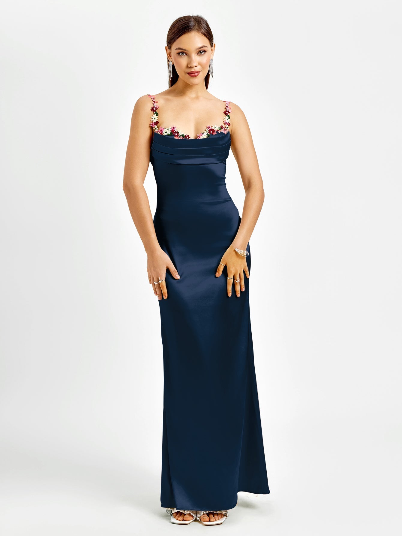 Satin evening gown with embellished straps - View 35 | WEUXS