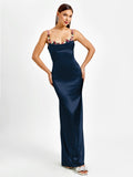 Embellished Strap Tie Back Satin Bodycon Dress#color_navy