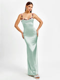 Satin evening gown with embellished straps - View 7 | WEUXS