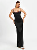 embellished strap tie back satin bodycon dress#color_black