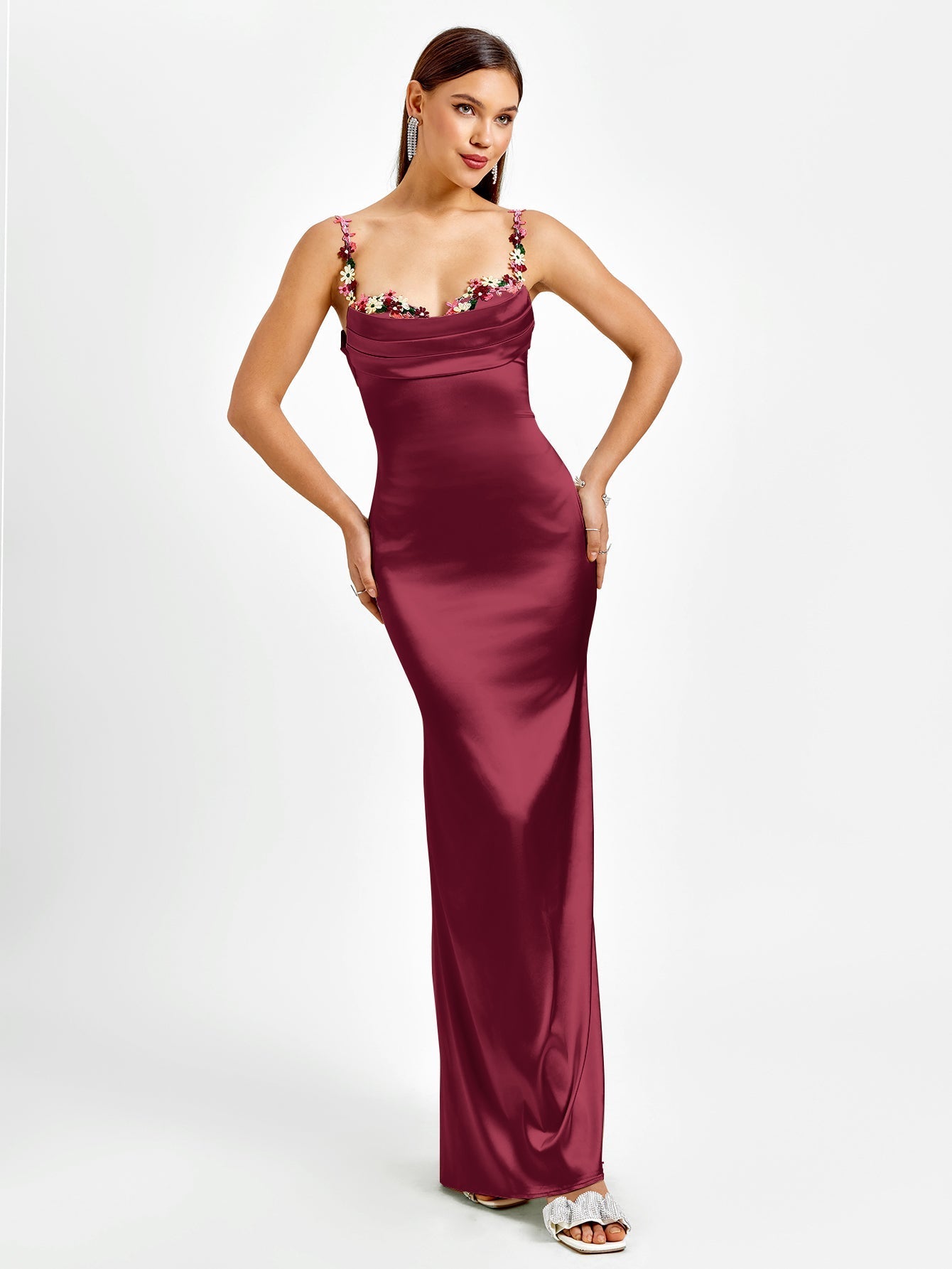 Satin evening gown with embellished straps - View 19 | WEUXS