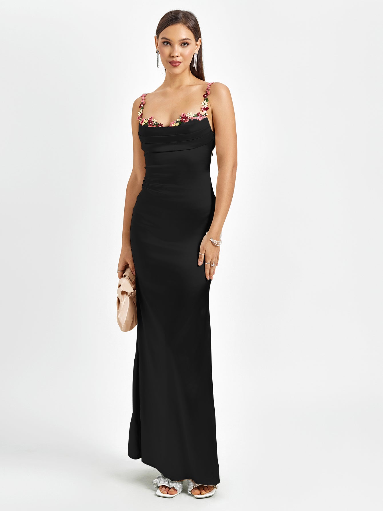 embellished strap tie back satin bodycon dress#color_black