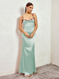 Satin evening gown with embellished straps - View 9 | WEUXS
