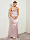 Satin evening gown with embellished straps - View 15 | WEUXS