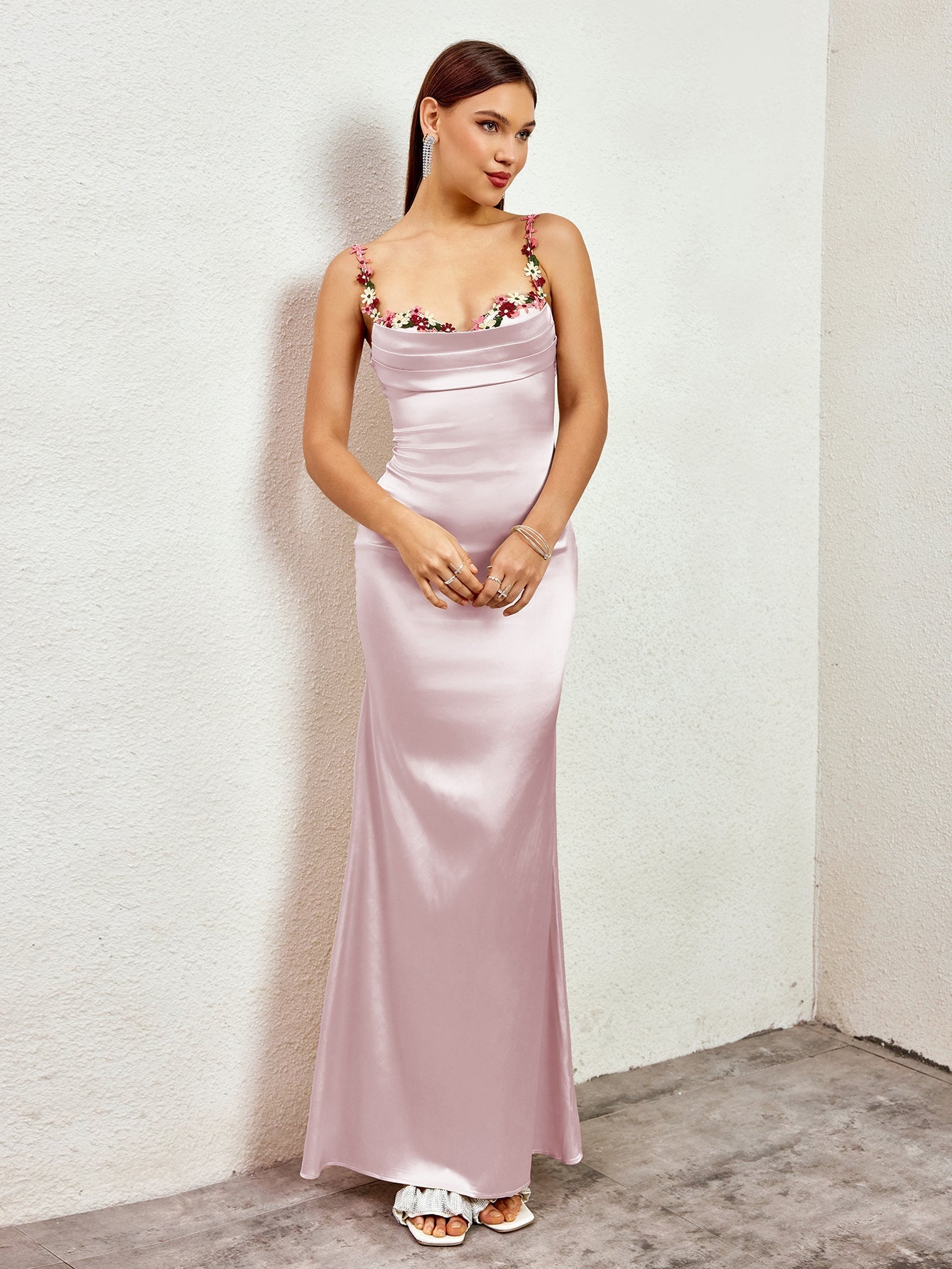 Satin evening gown with embellished straps - View 15 | WEUXS