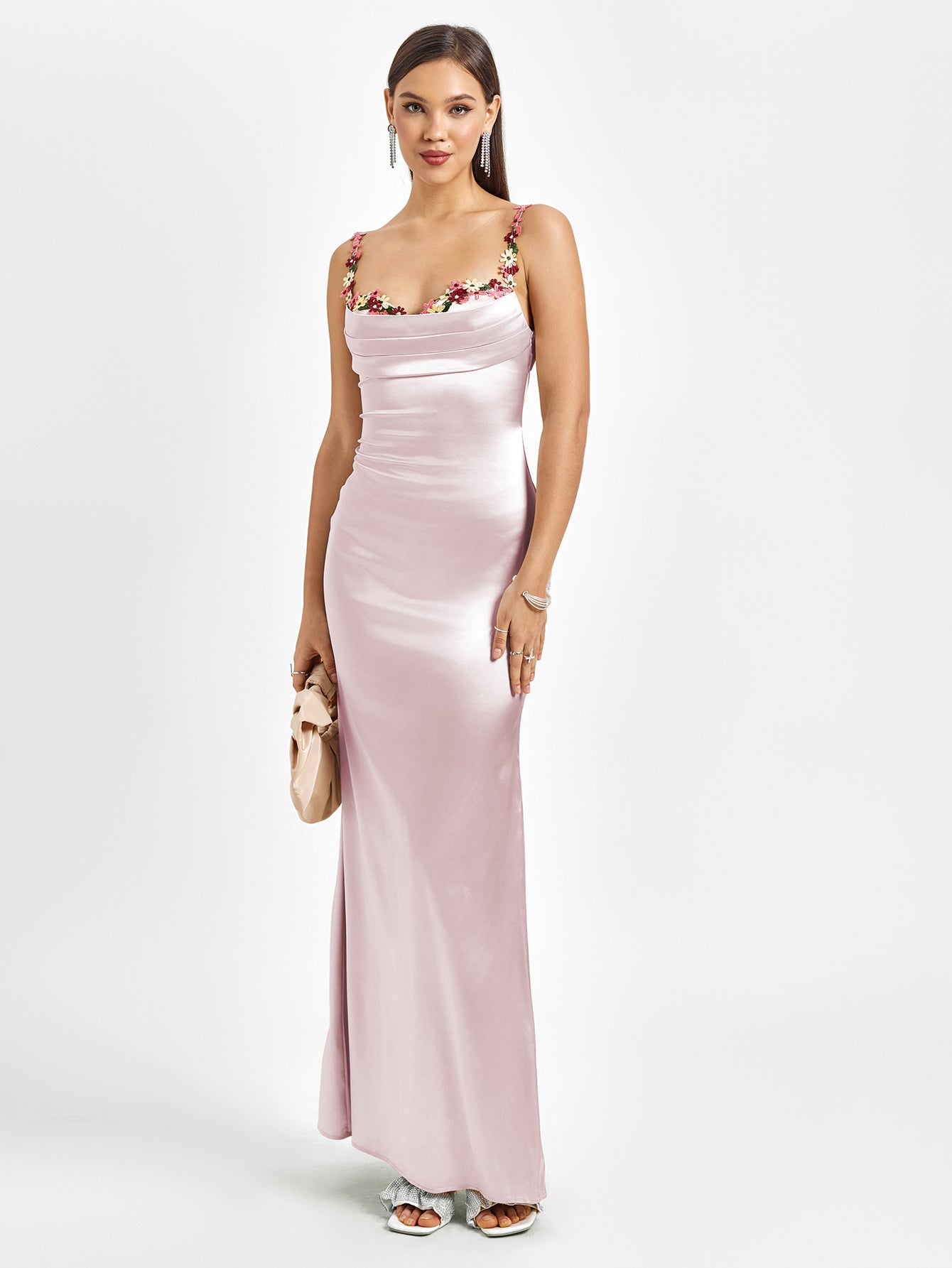 Satin evening gown with embellished straps - View 17 | WEUXS