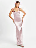 Satin evening gown with embellished straps - View 13 | WEUXS