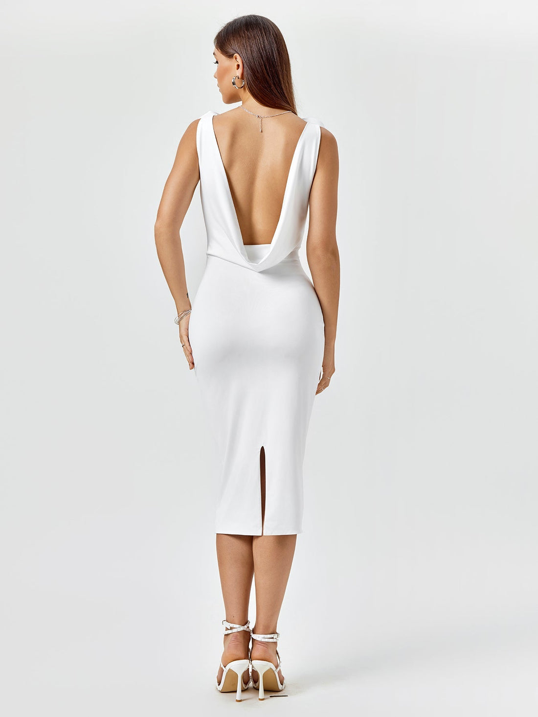 embellished v-neck draped back midi dress#color_white