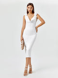 embellished v-neck draped back midi dress#color_white