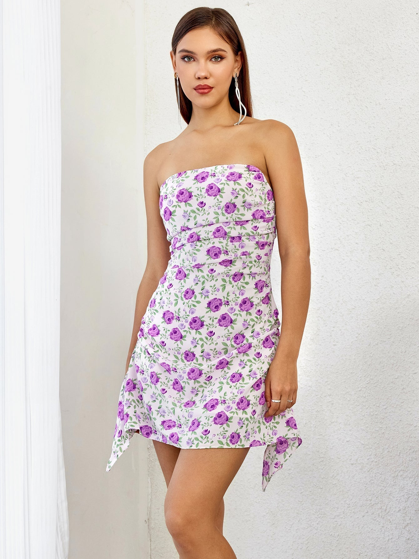 Floral print ruched side mini dress - View 9 | WEUXS