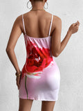 back view of a woman in a pink bodycon dress with a poppy print