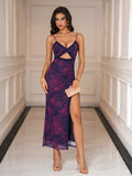 Cut Out Lace Trim Floral Print Cami Dress#color_purplef